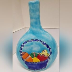 La Musa Handpainted 9" Vase Turquiose Easter Basket Vintage Italy
